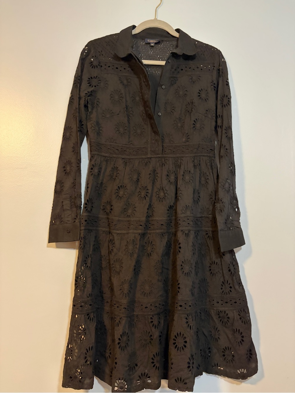 Caroll Paris Black Eyelet Midi Dress with Collared Neck